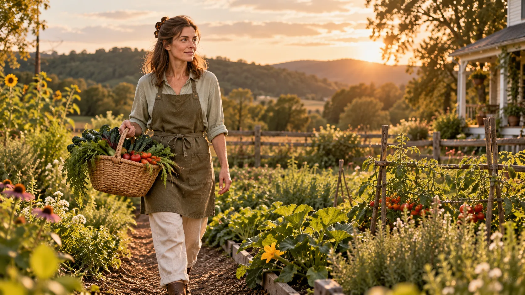 Joyce walking through her backyard garden at golden hour