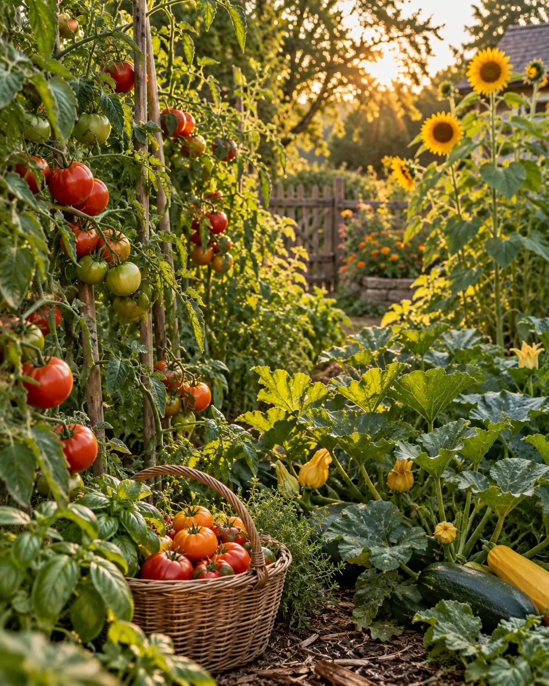 Midsummer garden with tomatoes and sunflowers